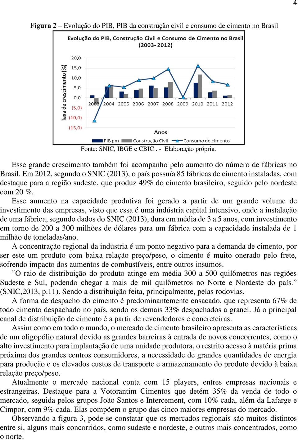 Em 2012, segudo o SNIC (2013), o país possuía 85 fábricas de cimeto istaladas, com destaque para a região sudeste, que produz 49% do cimeto brasileiro, seguido pelo ordeste com 20 %.