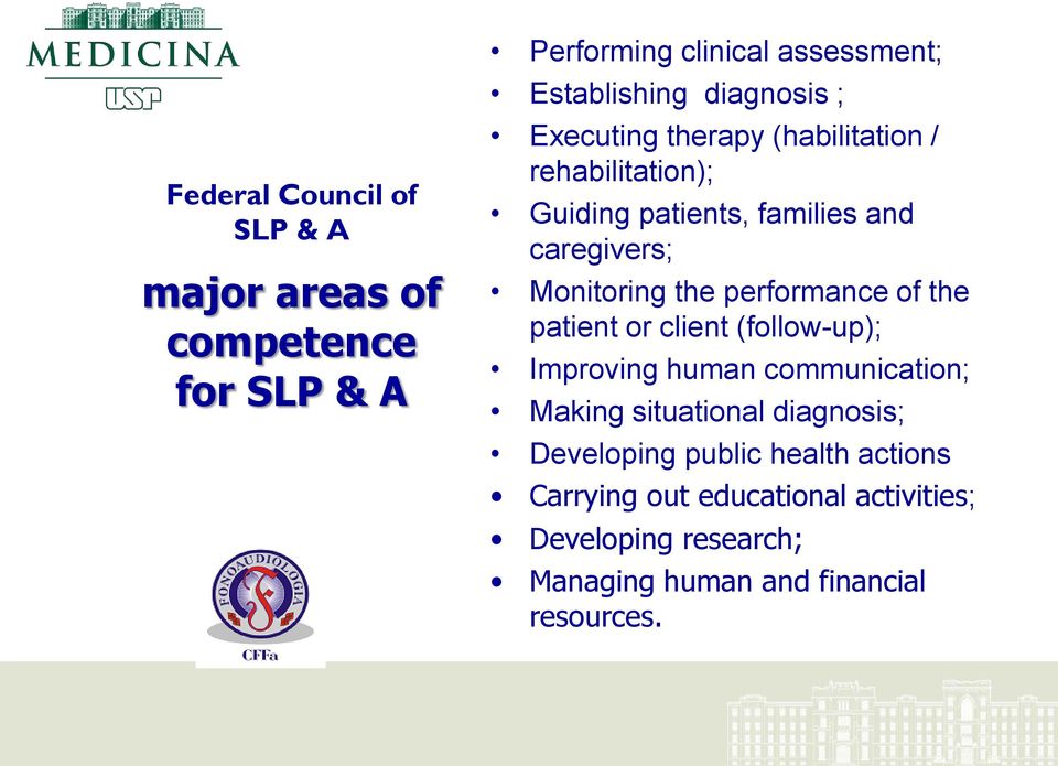the performance of the patient or client (follow-up); Improving human communication; Making situational diagnosis;