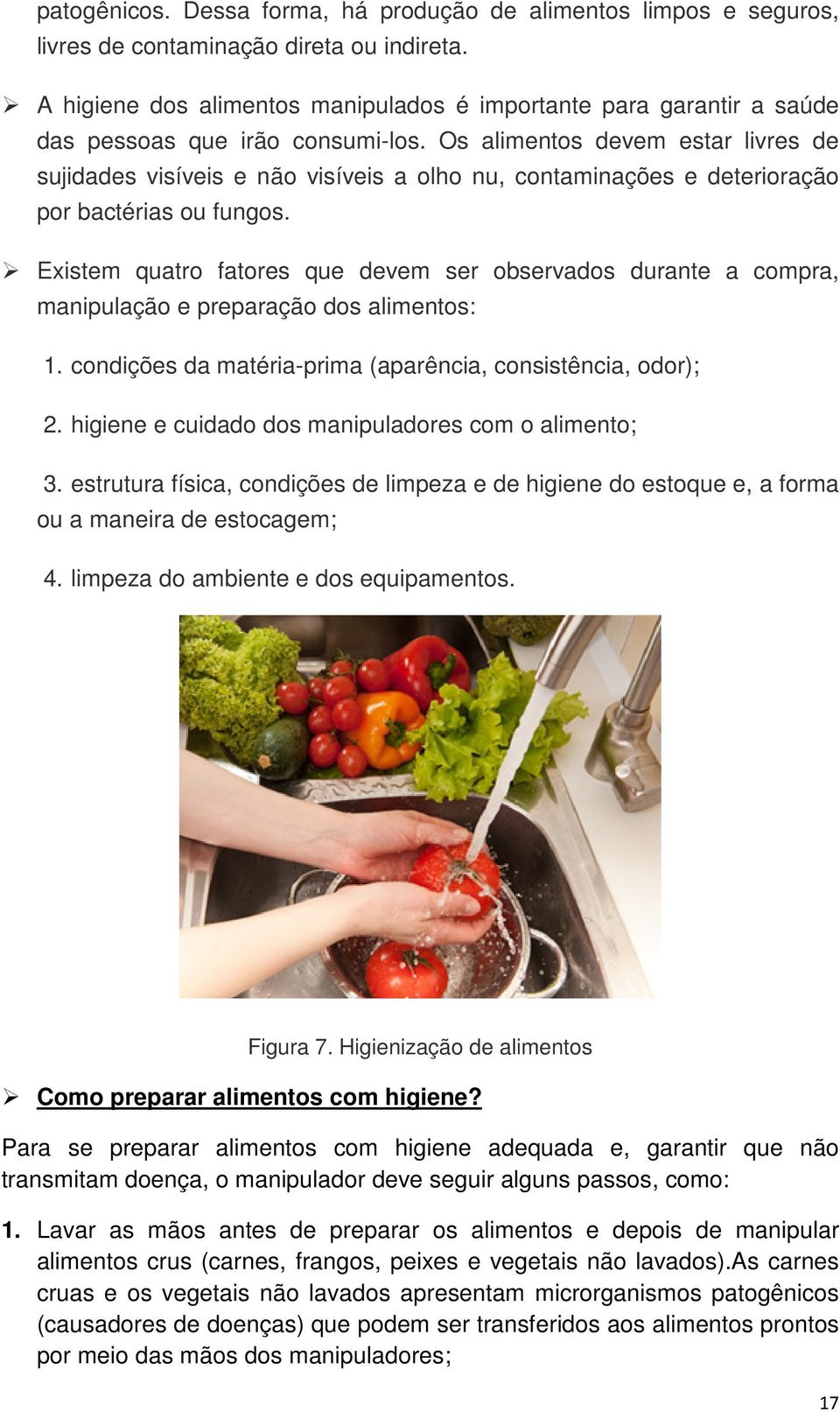 Os alimentos devem estar livres de sujidades visíveis e não visíveis a olho nu, contaminações e deterioração por bactérias ou fungos.