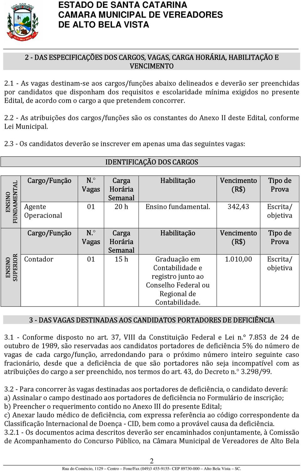 cargo a que pretendem concorrer. 2.2 - As atribuições dos cargos/funções são os constantes do Anexo II deste Edital, conforme Lei Municipal. 2.3 - Os candidatos deverão se inscrever em apenas uma das seguintes vagas: IDENTIFICAÇÃO DOS CARGOS ENSINO FUNDAMENTAL Cargo/Função N.