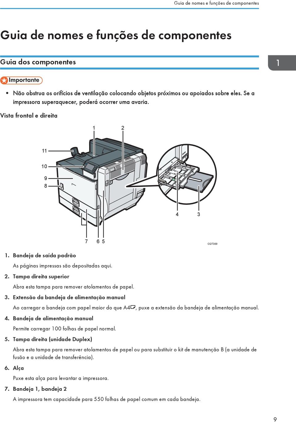 3. Extensão da bandeja de alimentação manual Ao carregar a bandeja com papel maior do que A4, puxe a extensão da bandeja de alimentação manual. 4.