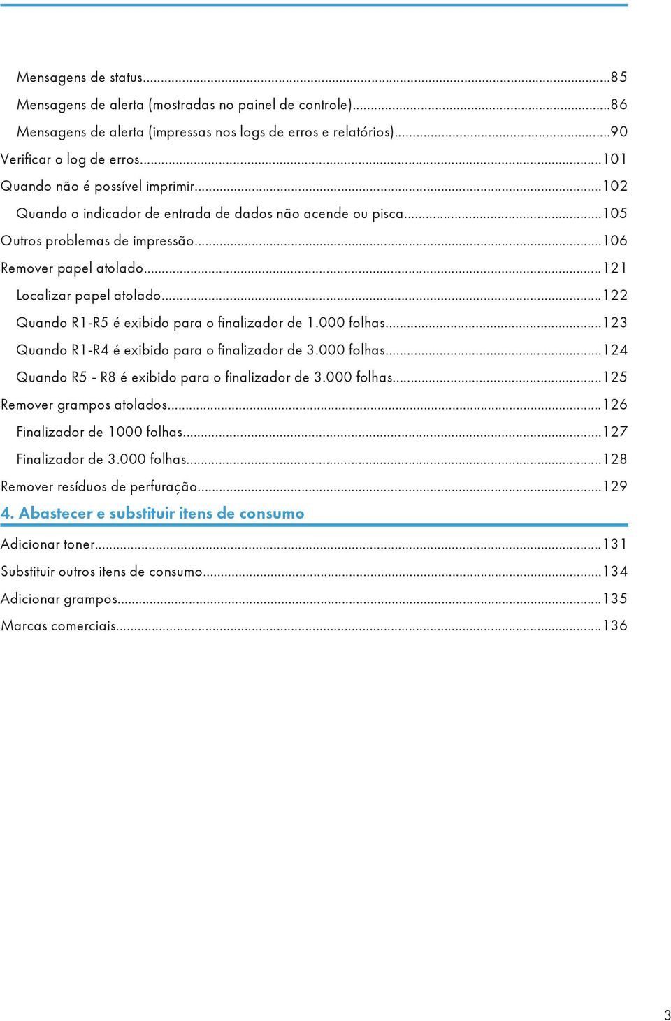 ..122 Quando R1-R5 é exibido para o finalizador de 1.000 folhas...123 Quando R1-R4 é exibido para o finalizador de 3.000 folhas...124 Quando R5 - R8 é exibido para o finalizador de 3.000 folhas...125 Remover grampos atolados.