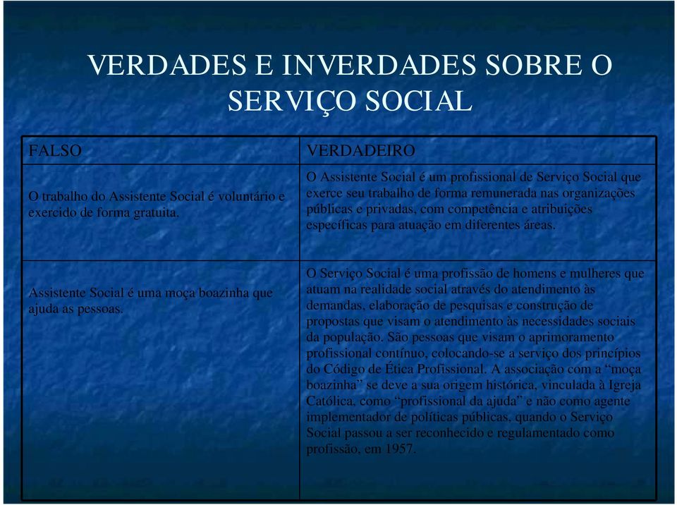 atuação em diferentes áreas. Assistente Social é uma moça boazinha que ajuda as pessoas.