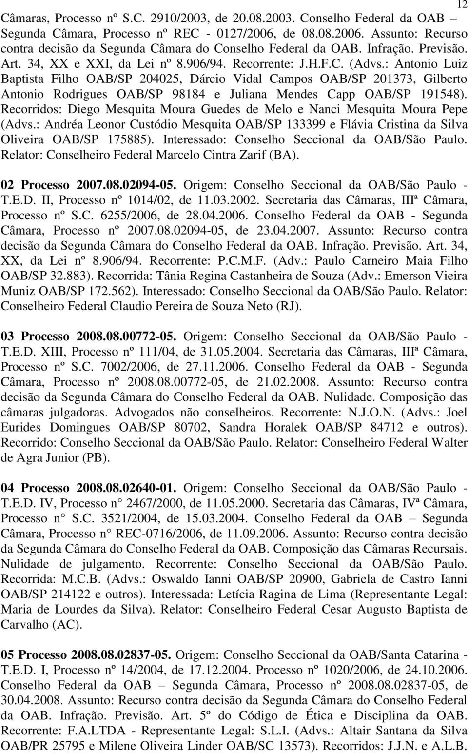 : Antonio Luiz Baptista Filho OAB/SP 204025, Dárcio Vidal Campos OAB/SP 201373, Gilberto Antonio Rodrigues OAB/SP 98184 e Juliana Mendes Capp OAB/SP 191548).