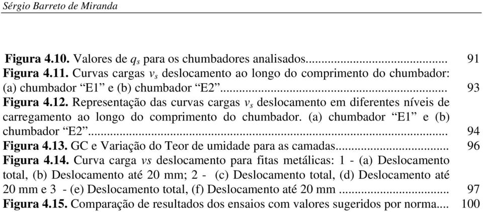 Representação das curvas cargas v s deslocamento em diferentes níveis de carregamento ao longo do comprimento do chumbador. (a) chumbador E1 e (b) chumbador E2... 94 Figura 4.13.