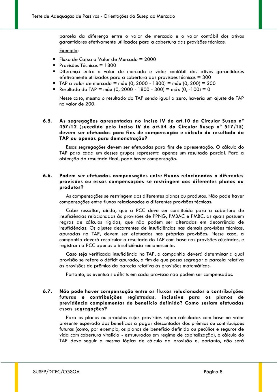 provisões técnicas = 300 TAP a valor de mercado = máx (0, 2000-1800) = máx (0, 200) = 200 Resultado do TAP = máx (0, 2000-1800 - 300) = máx (0, -100) = 0 Nesse caso, mesmo o resultado do TAP sendo