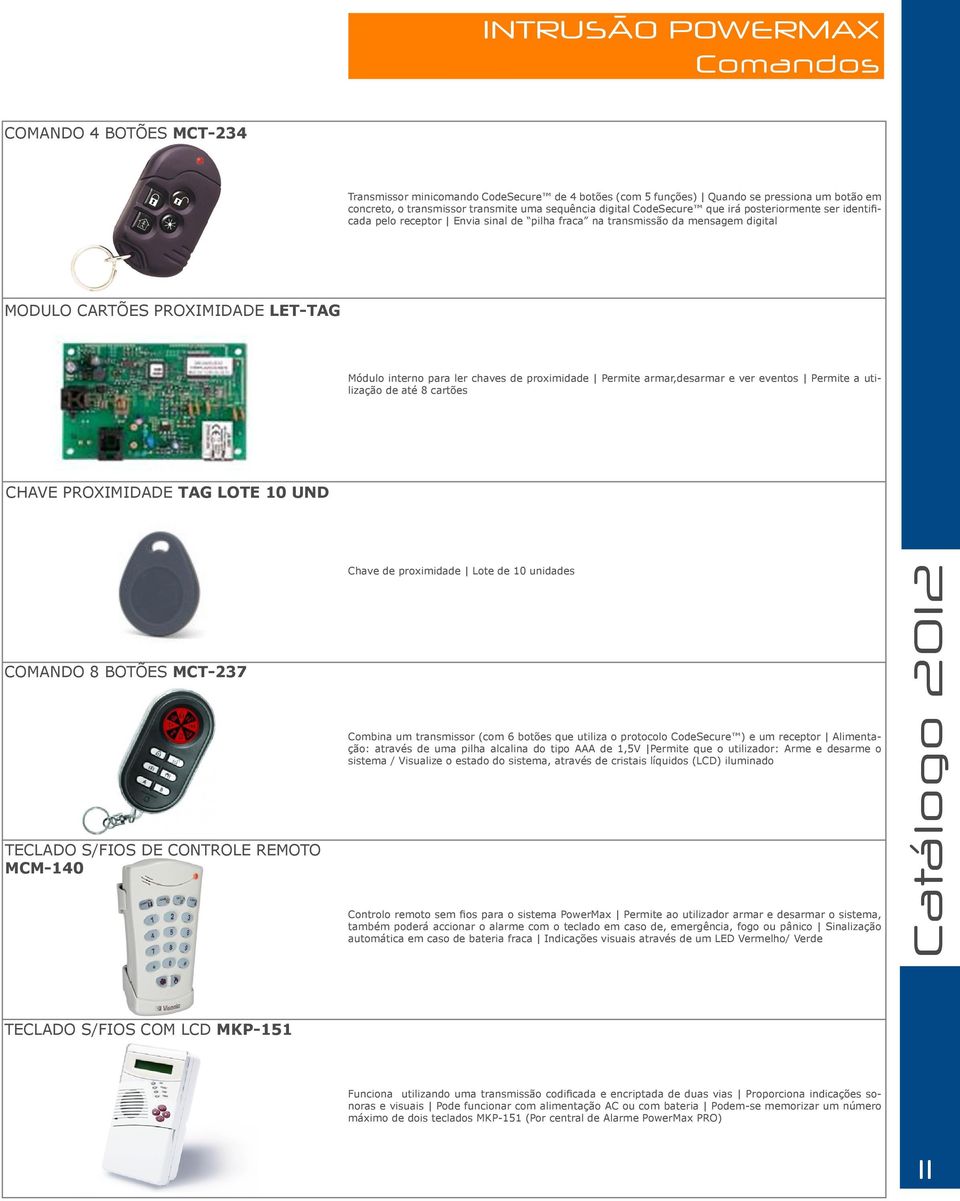 chaves de proximidade Permite armar,desarmar e ver eventos Permite a utilização de até 8 cartões CHAVE PROXIMIDADE TAG LOTE 10 UND COMANDO 8 BOTÕES MCT-237 TECLADO S/FIOS DE CONTROLE REMOTO MCM-140