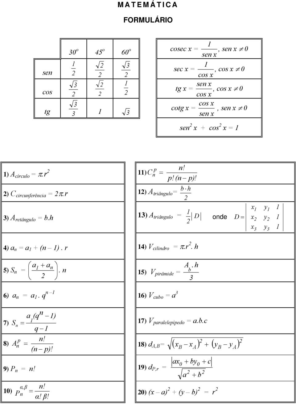 h 3) A triângulo = D onde D = x x x 3 y y y 3 4) a n = a + (n ). r 4) V cilindro = π.r. h a + an 5) S n =. n 5) V pirâmide = A. h b 3 6) a n = a.