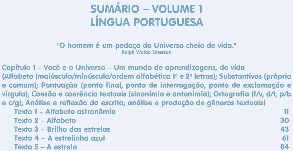 Substantivos (próprio e comum); Pontuação (ponto final, ponto de interrogação, ponto de exclamação e vírgula); Coesão e coerência textuais (sinonímia e