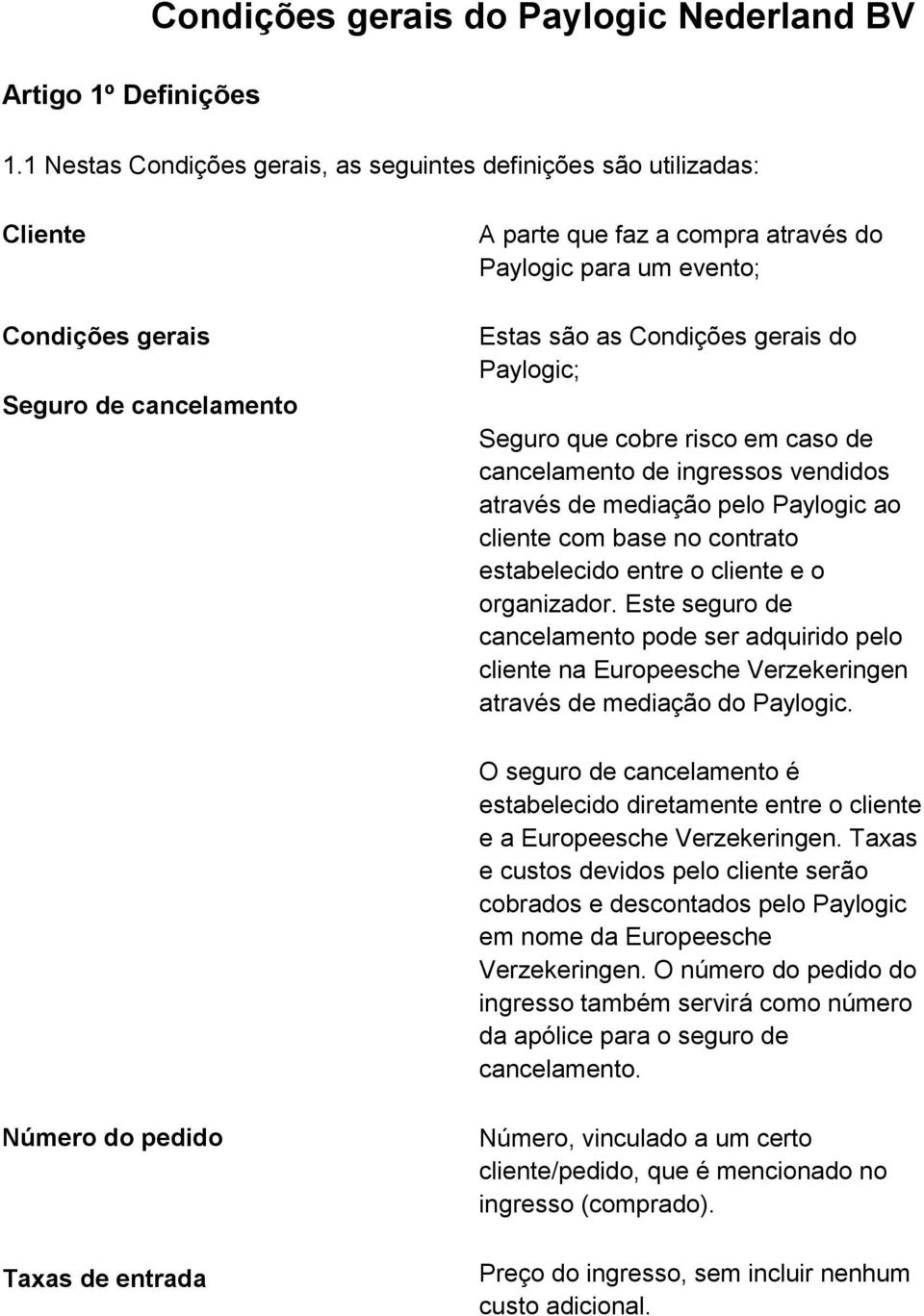 gerais do Paylogic; Seguro que cobre risco em caso de cancelamento de ingressos vendidos através de mediação pelo Paylogic ao cliente com base no contrato estabelecido entre o cliente e o organizador.