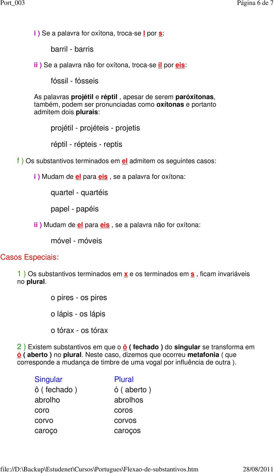 seguintes casos: Casos Especiais: i ) Mudam de el para eis, se a palavra for oxítona: quartel - quartéis papel - papéis ii ) Mudam de el para eis, se a palavra não for oxítona: móvel - móveis 1 ) Os