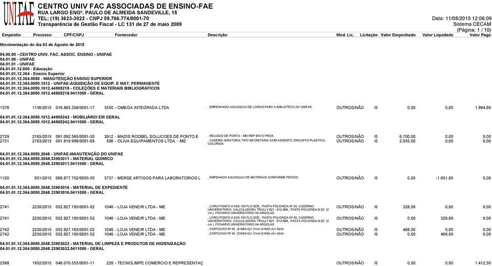 865.358/0001-17 3550 - OMEGA INTEGRADA LTDA, EMPENHADO AQUISIÇAO DE LIVROS PARA A BIBLIOTECA DA UNIFAE. OUTROS/NÃO /0 0,00 0,00 1.994,80 04.01.01.12.364.0050.1012.44905242 