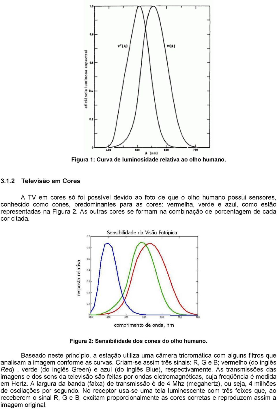 2 Televisão em Cores A TV em cores só foi possível devido ao foto de que o olho humano possui sensores, conhecido como cones, predominantes para as cores: vermelha, verde e azul, como estão