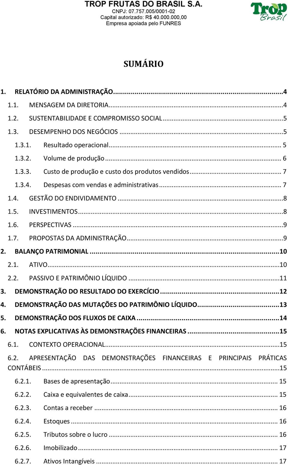 .. 9 2. BALANÇO PATRIMONIAL... 10 2.1. ATIVO...10 2.2. PASSIVO E PATRIMÔNIO LÍQUIDO...11 3. DEMONSTRAÇÃO DO RESULTADO DO EXERCÍCIO... 12 4. DEMONSTRAÇÃO DAS MUTAÇÕES DO PATRIMÔNIO LÍQUIDO... 13 5.