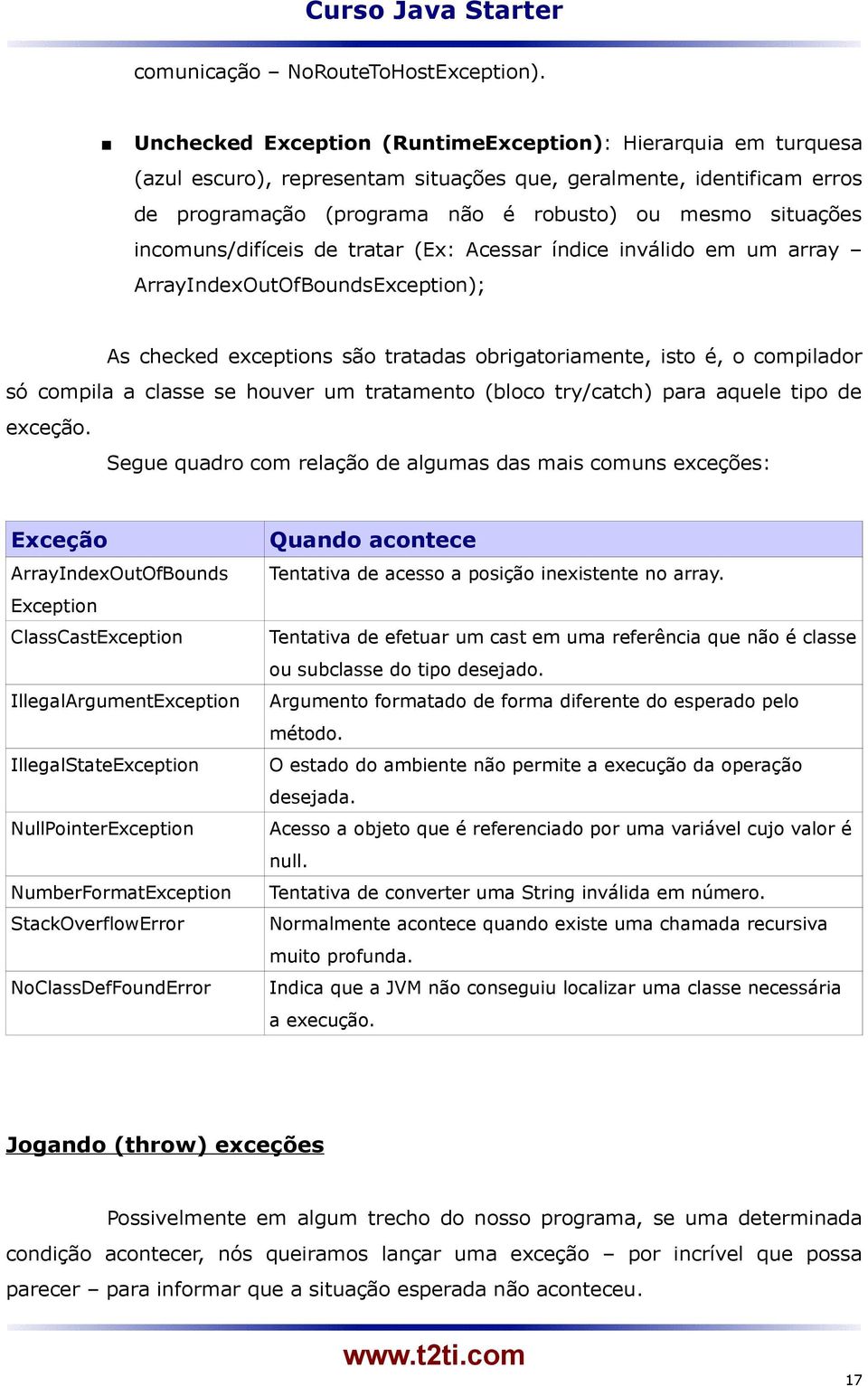 incomuns/difíceis de tratar (Ex: Acessar índice inválido em um array ArrayIndexOutOfBoundsException); As checked exceptions são tratadas obrigatoriamente, isto é, o compilador só compila a classe se