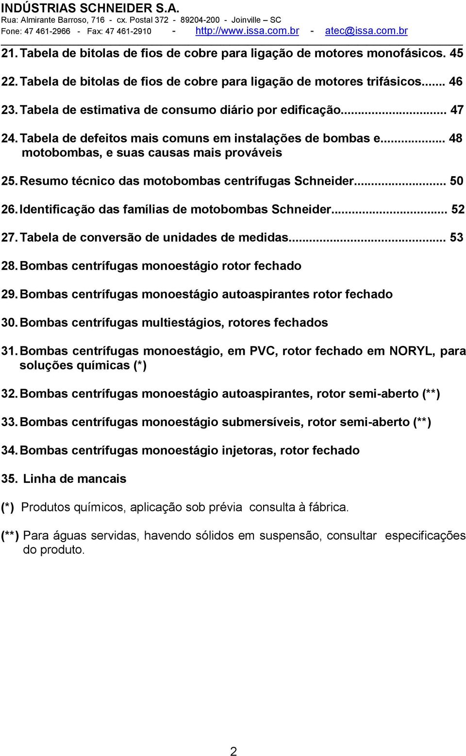 Resumo técnico das motobombas centrífugas Schneider... 50 26. Identificação das famílias de motobombas Schneider... 52 27. Tabela de conversão de unidades de medidas... 53 28.