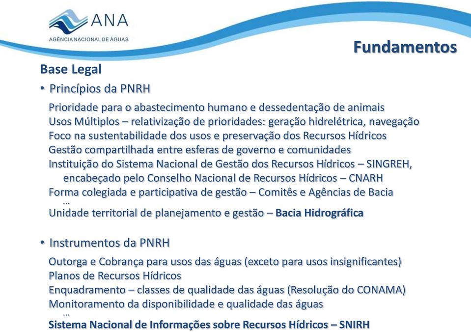 Conselho Nacional de Recursos Hídricos CNARH Forma colegiada e participativa de gestão Comitês e Agências de Bacia.