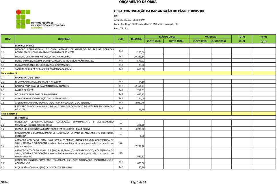 2 LOCACAO DE ANDAIE ETALICO TIPO FACHADEIRO 20.239,34 1.3 PLATAFORA E TÁBUAS DE PINHO, INCLUSIVE OVIENTAÇÃO (UTIL. 6X) 579,33 1.4 PLACA PADRÃ FNDE DE OBRA E AÇO GALVANIZADO 20,00 1.