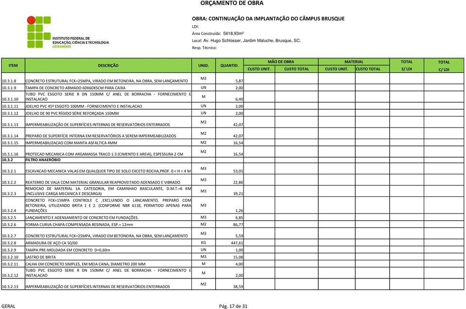 3.1.10 INSTALACAO 6,40 10.3.1.11 JOELHO PVC 45º ESGOTO 100 - FORNECIENTO E INSTALACAO 10.3.1.12 JOELHO DE 90 PVC RÍGIDO SÉRIE REFORÇADA 150 3 5,87 10.3.1.13 IPEREABILIZAÇÃO DE SUPERFÍCIES INTERNAS DE RESERVATÓRIOS ENTERRADOS 42,07 10.