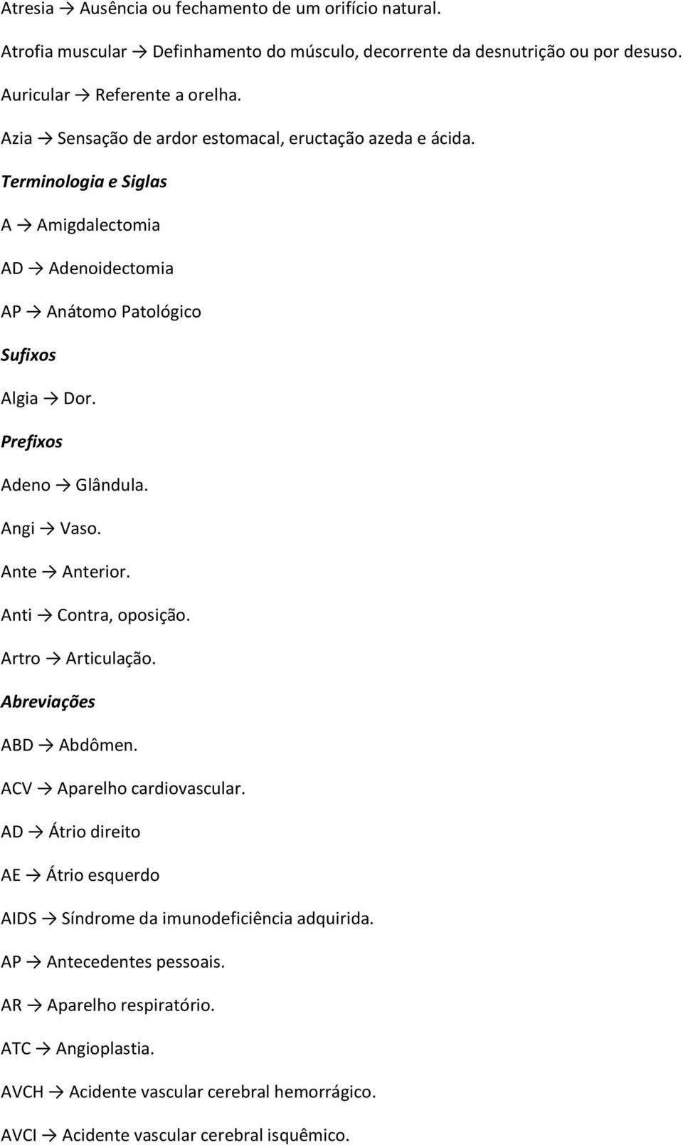 Prefixos Adeno Glândula. Angi Vaso. Ante Anterior. Anti Contra, oposição. Artro Articulação. ABD Abdômen. ACV Aparelho cardiovascular.