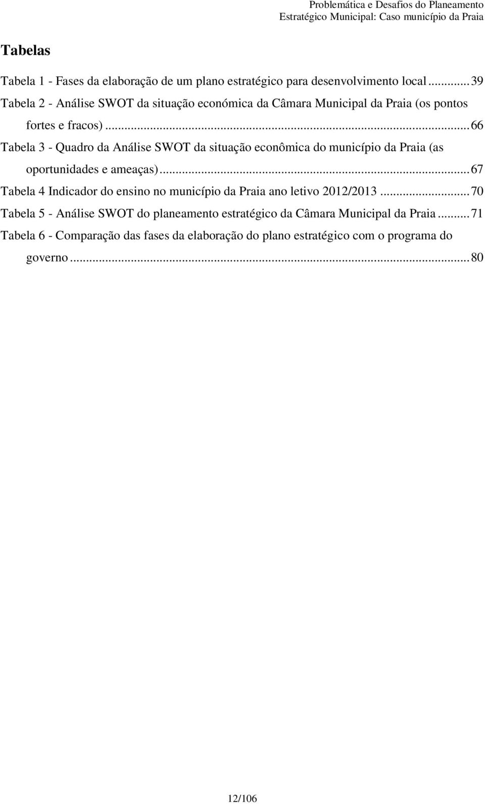 .. 66 Tabela 3 - Quadro da Análise SWOT da situação econômica do município da Praia (as oportunidades e ameaças).