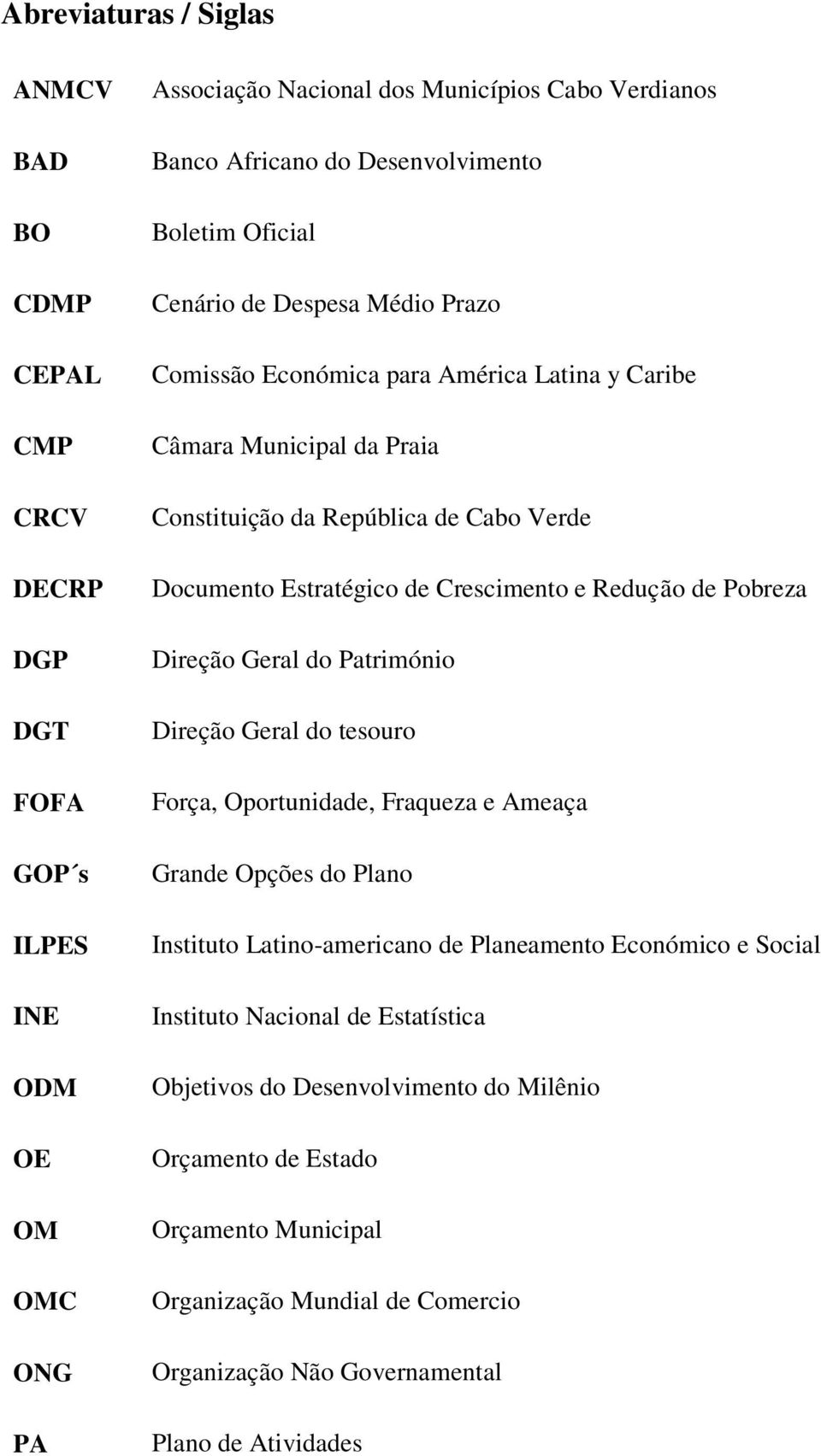 Crescimento e Redução de Pobreza Direção Geral do Património Direção Geral do tesouro Força, Oportunidade, Fraqueza e Ameaça Grande Opções do Plano Instituto Latino-americano de Planeamento