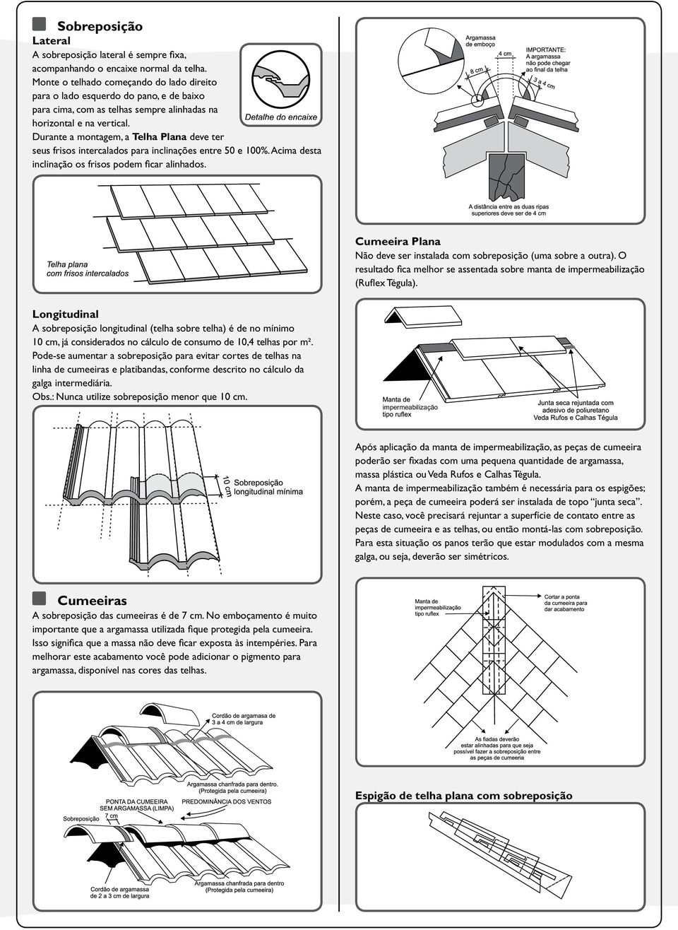 Durante a montagem, a Telha Plana deve ter seus frisos intercalados para inclinações entre 50 e 100%. Acima desta inclinação os frisos podem ficar alinhados.