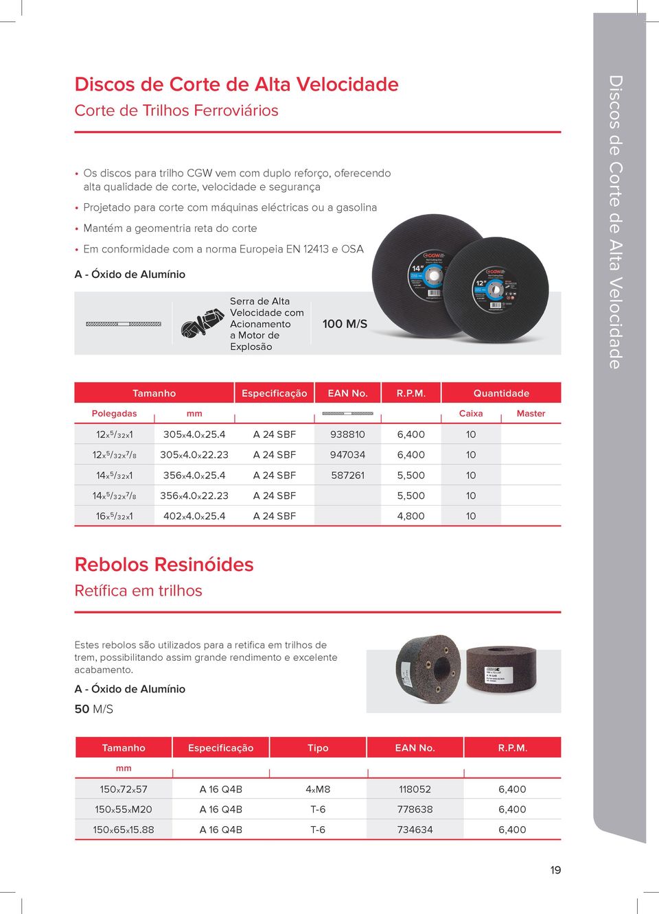 Explosão 100 M/S Discos de Corte de Alta Velocidade Tamanho Especificação EAN No. R.P.M. Quantidade 12x5/32x1 305x4.0x.4 A 24 SBF 938810 6,400 10 12x5/32x7/8 305x4.0x22.