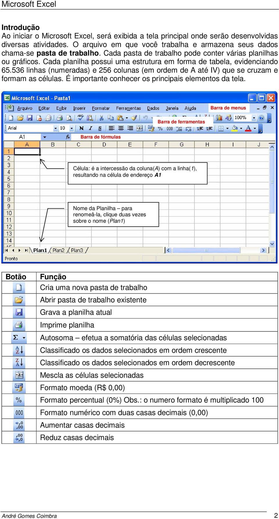 536 linhas (numeradas) e 256 colunas (em ordem de A até IV) que se cruzam e formam as células. É importante conhecer os principais elementos da tela.