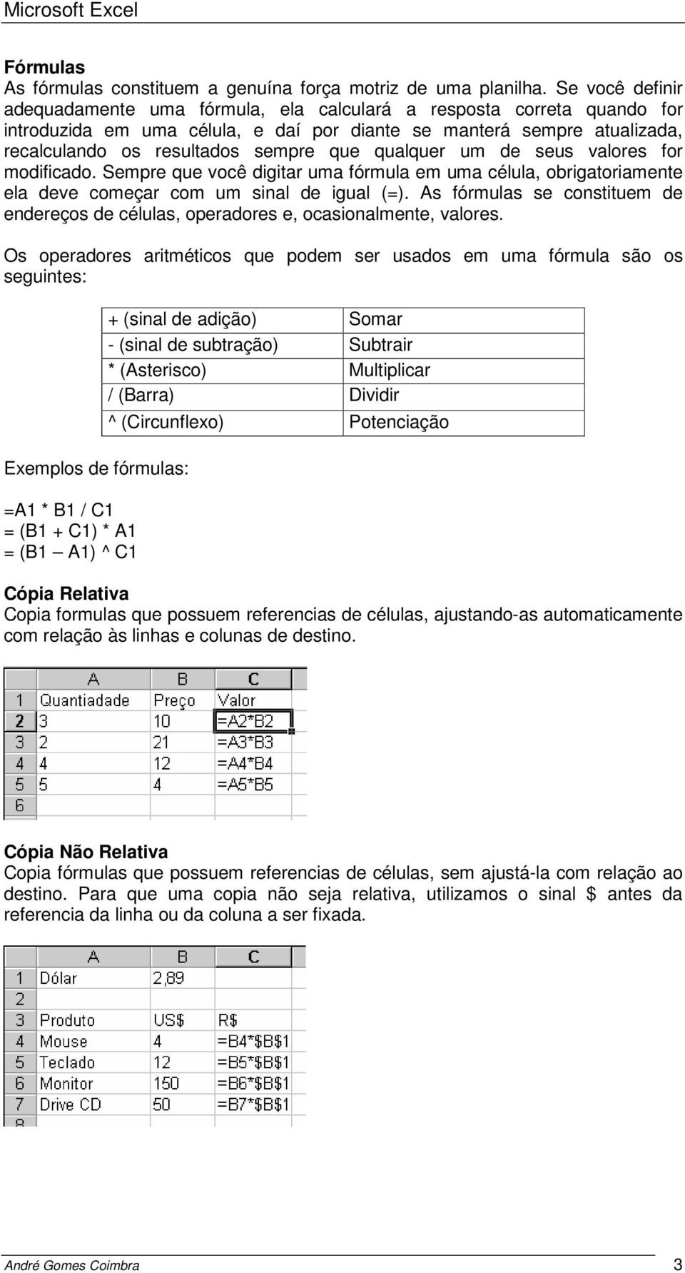 qualquer um de seus valores for modificado. Sempre que você digitar uma fórmula em uma célula, obrigatoriamente ela deve começar com um sinal de igual (=).