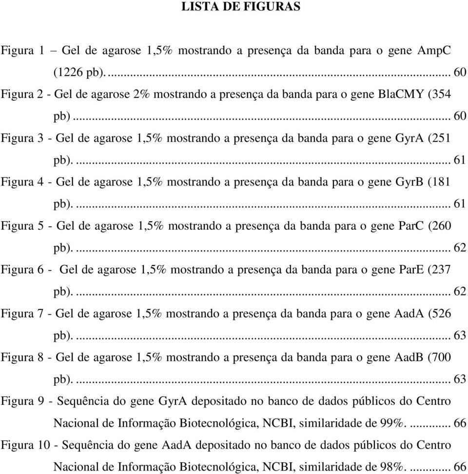 ... 61 Figura 5 - Gel de agarose 1,5% mostrando a presença da banda para o gene ParC (260 pb).... 62 Figura 6 - Gel de agarose 1,5% mostrando a presença da banda para o gene ParE (237 pb).