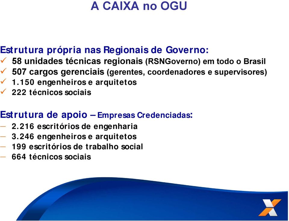 150 engenheiros e arquitetos 222 técnicos sociais Estrutura de apoio Empresas Credenciadas: 2.