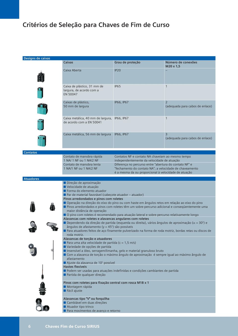 para cabos de enlace) Contatos Atuadores Contato de manobra rápida Contatos NF e contato NA chaveiam ao mesmo tempo 1 NA/ 1 NF ou 1 NA/2 NF independentemente da velocidade de atuação Contato de