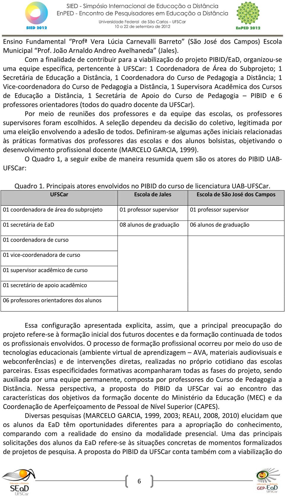 Distância, 1 Coordenadora do Curso de Pedagogia a Distância; 1 Vice-coordenadora do Curso de Pedagogia a Distância, 1 Supervisora Acadêmica dos Cursos de Educação a Distância, 1 Secretária de Apoio