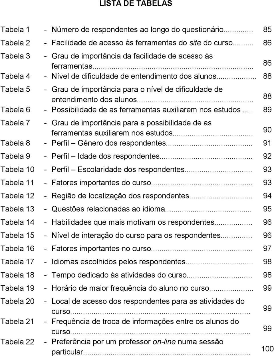 .. 88 Tabela 5 - Grau de importância para o nível de dificuldade de entendimento dos alunos... 88 Tabela 6 - Possibilidade de as ferramentas auxiliarem nos estudos.