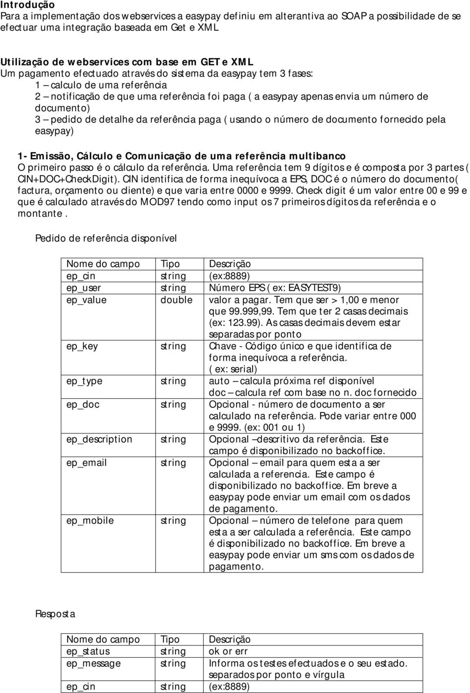 pedido de detalhe da referência paga ( usando o número de documento fornecido pela easypay) 1- Emissão, Cálculo e Comunicação de uma referência multibanco O primeiro passo é o cálculo da referência.