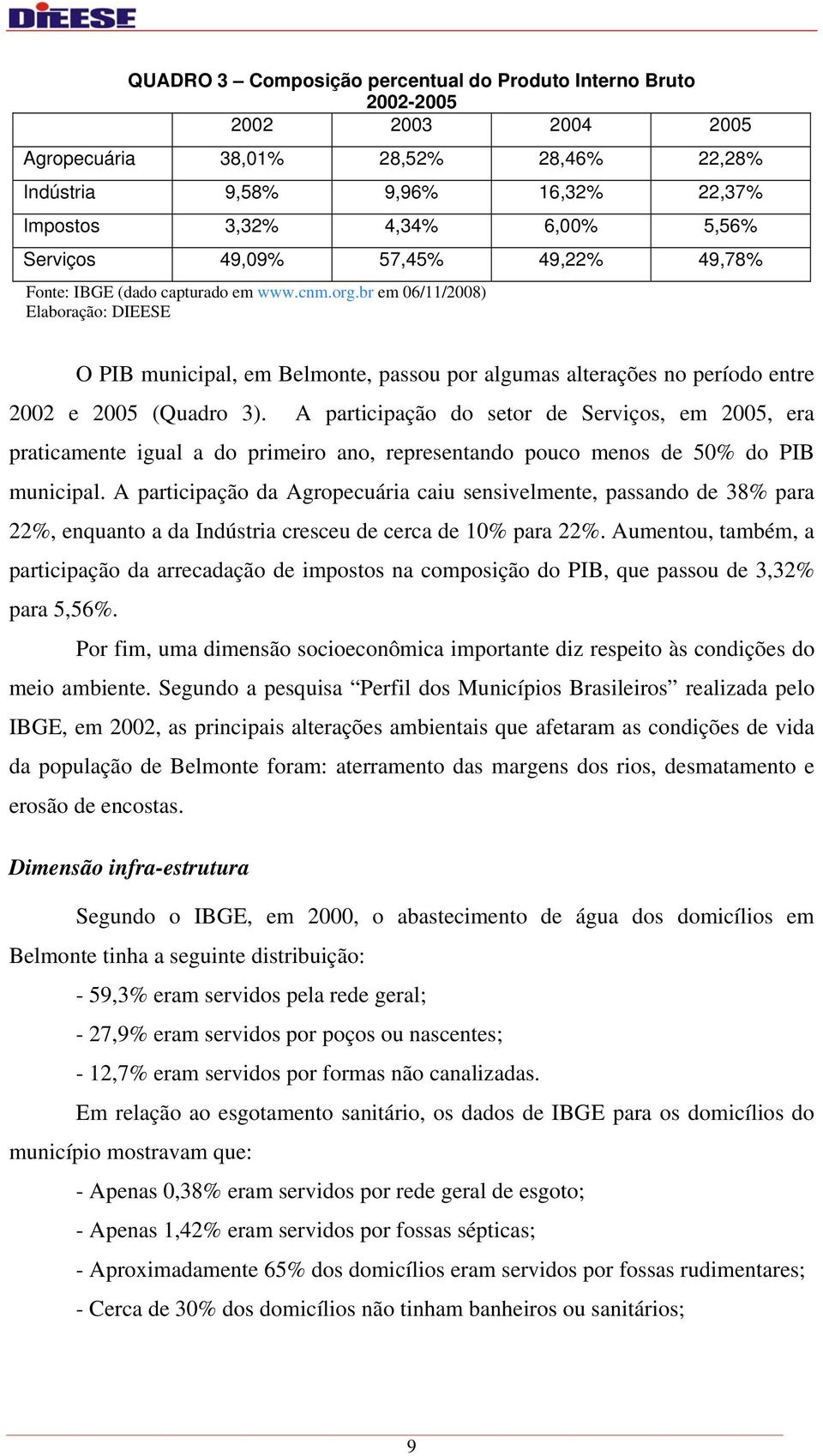 br em 06/11/2008) Elaboração: DIEESE O PIB municipal, em Belmonte, passou por algumas alterações no período entre 2002 e 2005 (Quadro 3).