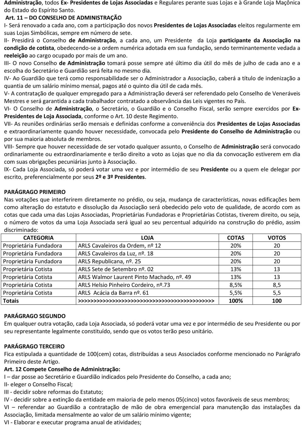 II- Presidirá o Conselho de Administração, a cada ano, um Presidente da Loja participante da Associação na condição de cotista, obedecendo-se a ordem numérica adotada em sua fundação, sendo