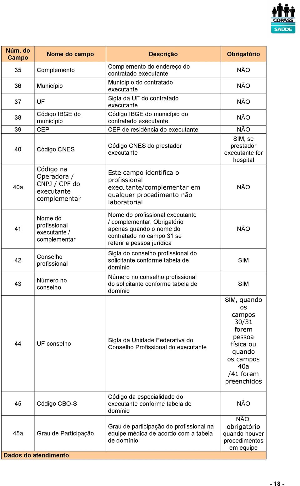 complementar Código CNES do prestador executante Este campo identifica o profissional executante/complementar em qualquer não laboratorial, se prestador executante for hospital 41 42 43 Nome do