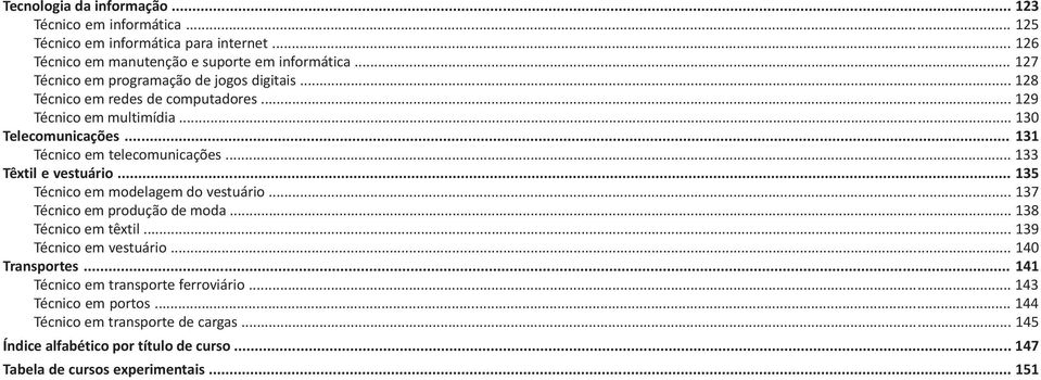 .. 133 Têxtil e vestuário... 135 Técnico em modelagem do vestuário... 137 Técnico em produção de moda... 138 Técnico em têxtil... 139 Técnico em vestuário... 140 Transportes.