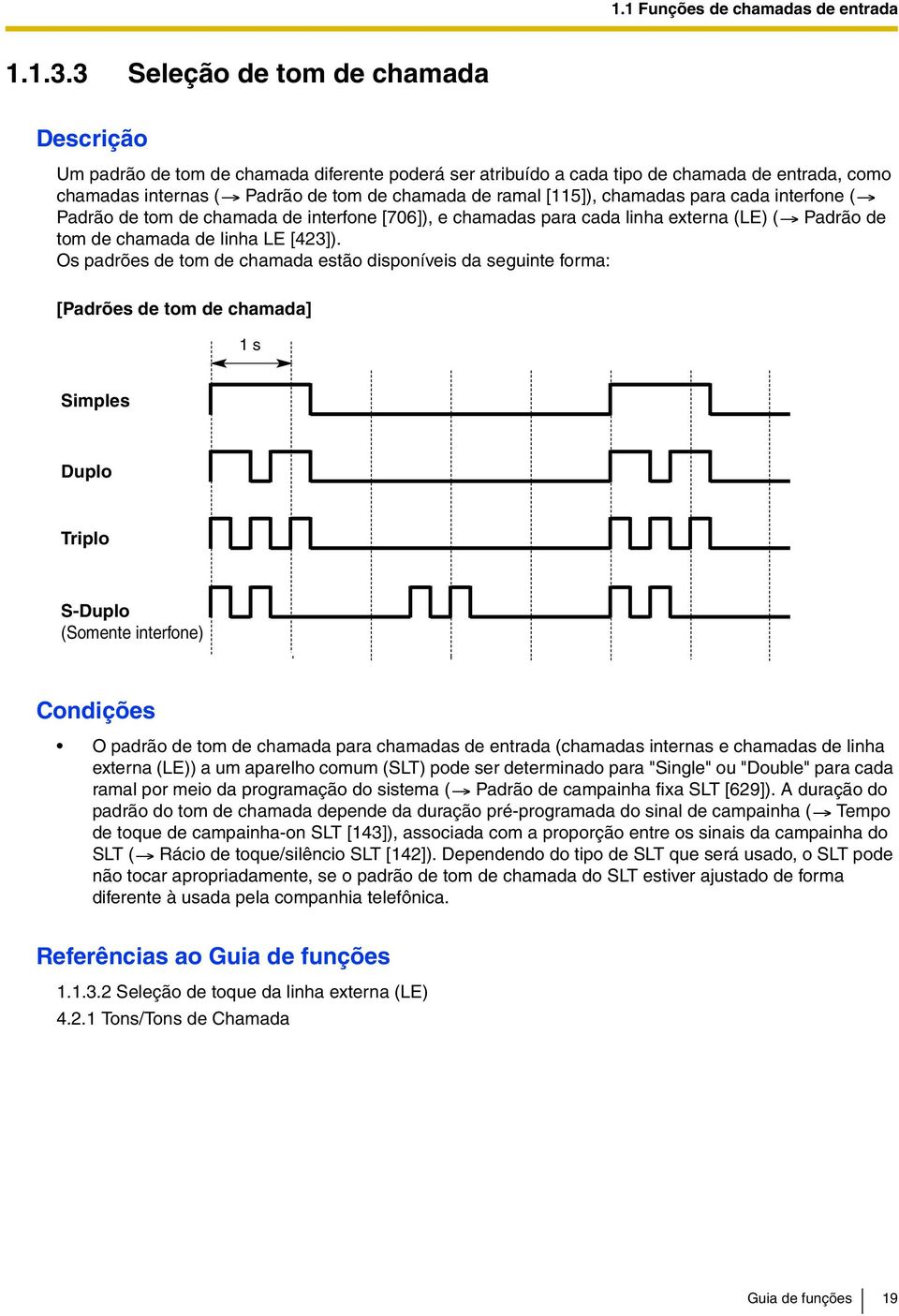 chamadas para cada interfone ( Padrão de tom de chamada de interfone [706]), e chamadas para cada linha externa (LE) ( Padrão de tom de chamada de linha LE [423]).