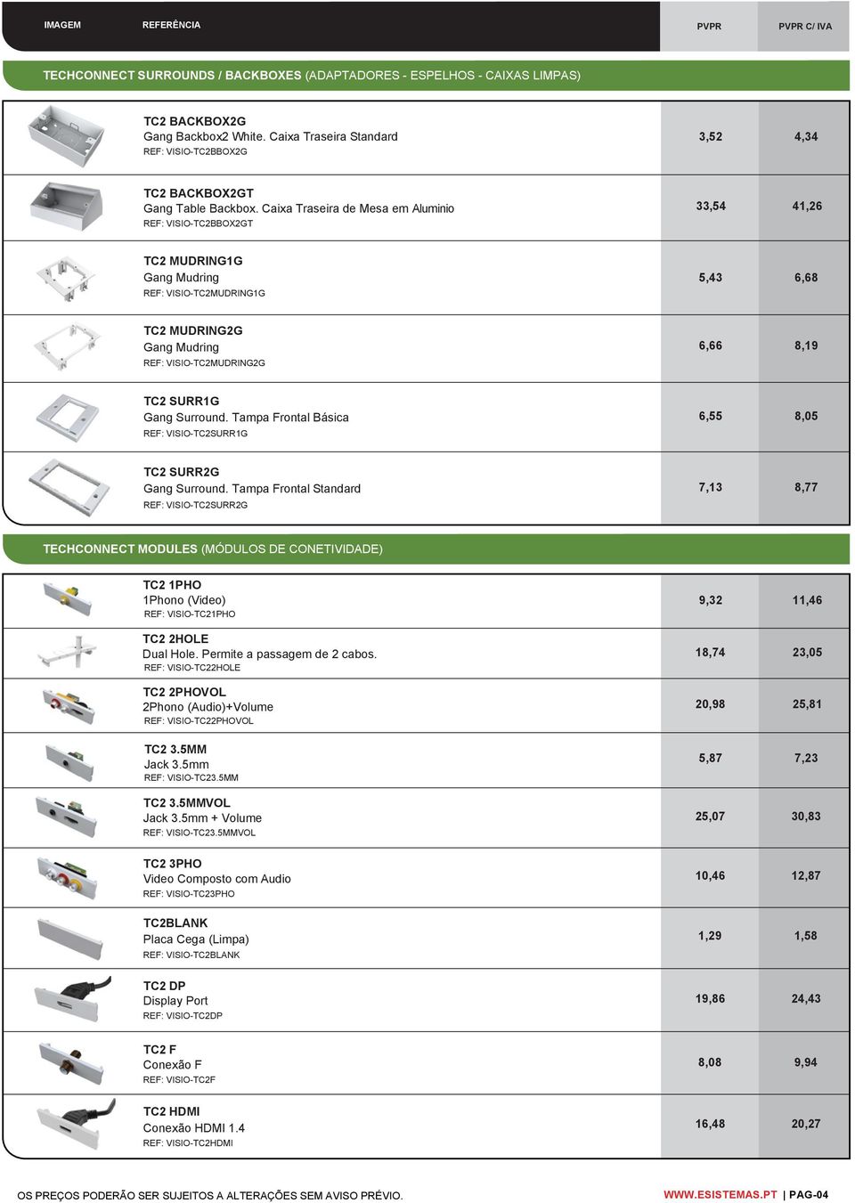 Caixa Traseira de Mesa em Aluminio REF: VISIO-TC2BBOX2GT 33,54 41,26 TC2 MUDRING1G Gang Mudring REF: VISIO-TC2MUDRING1G 5,43 6,68 TC2 MUDRING2G Gang Mudring REF: VISIO-TC2MUDRING2G 6,66 8,19 TC2