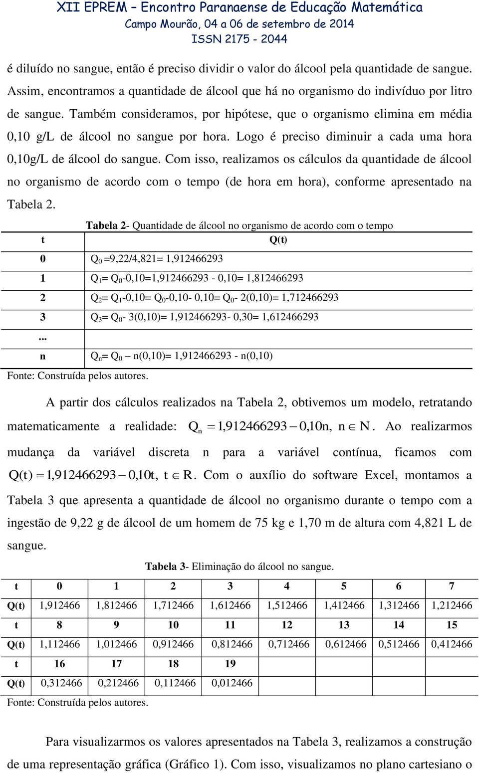 Com isso, realizamos os cálculos da quantidade de álcool no organismo de acordo com o tempo (de hora em hora), conforme apresentado na Tabela 2.