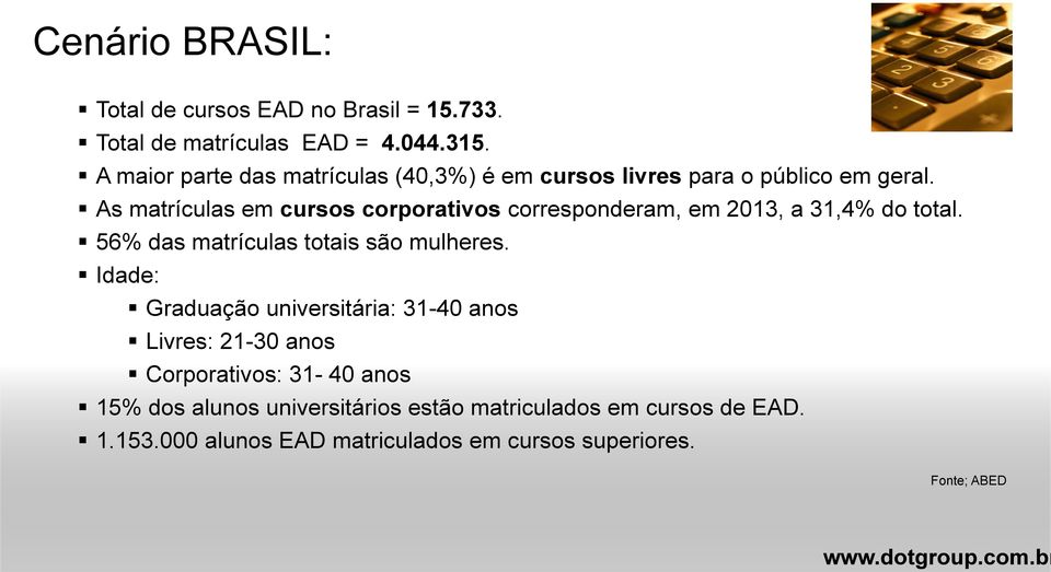 As matrículas em cursos corporativos corresponderam, em 2013, a 31,4% do total. 56% das matrículas totais são mulheres.