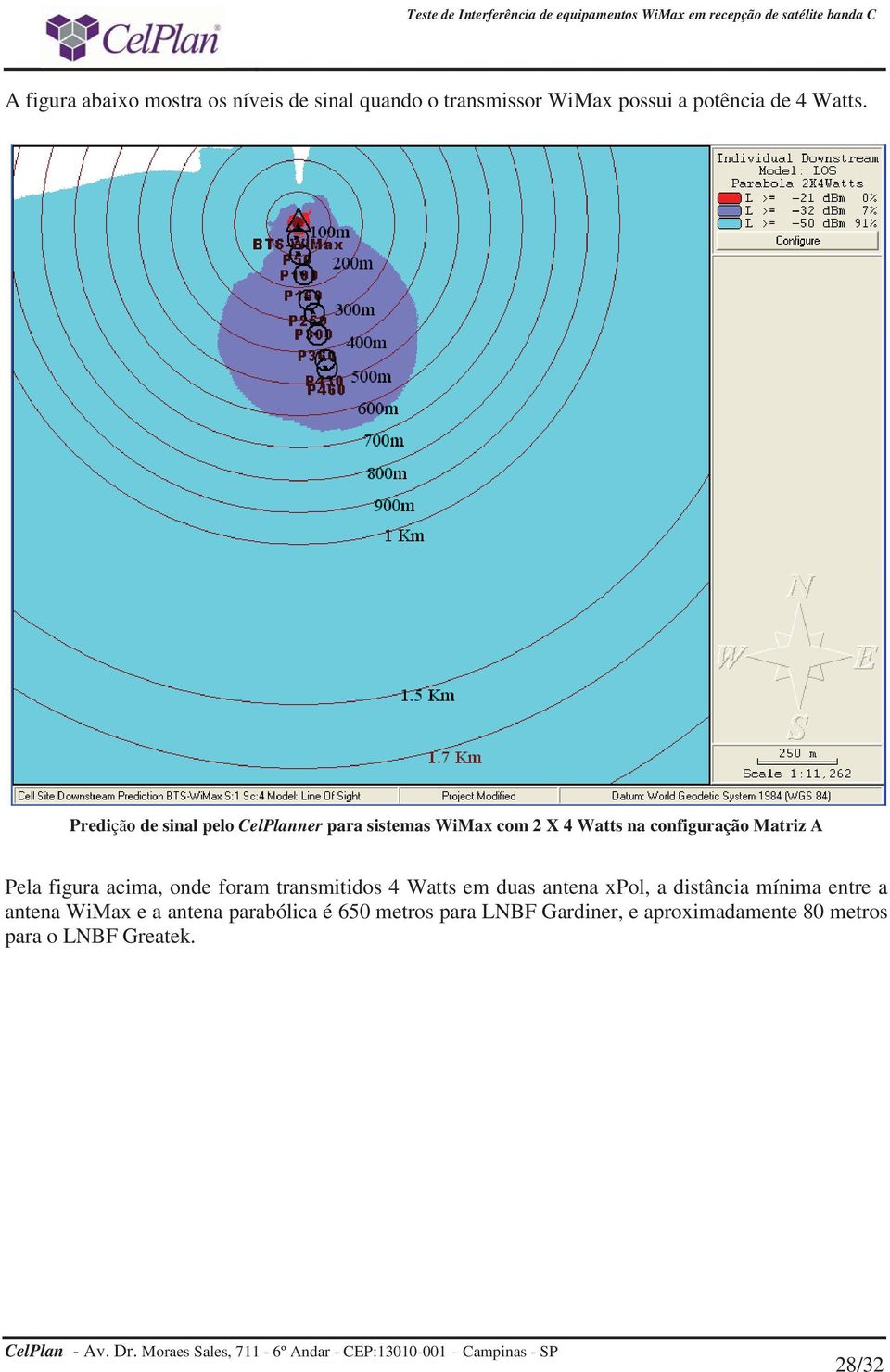 figura acima, onde foram transmitidos 4 Watts em duas antena xpol, a distância mínima entre a antena