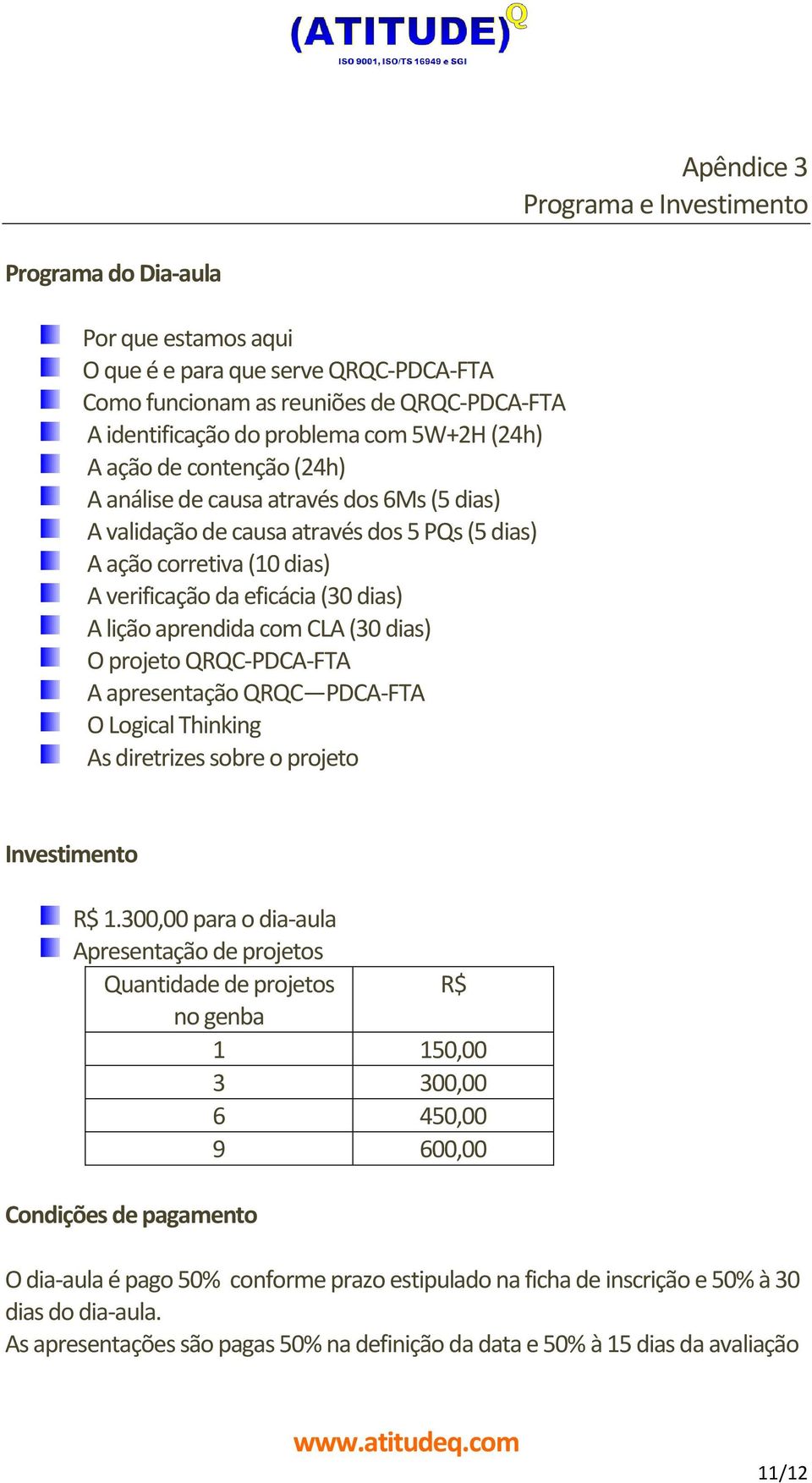 aprendida com CLA (30 dias) O projeto QRQC-PDCA-FTA A apresentação QRQC PDCA-FTA O Logical Thinking As diretrizes sobre o projeto Investimento R$ 1.