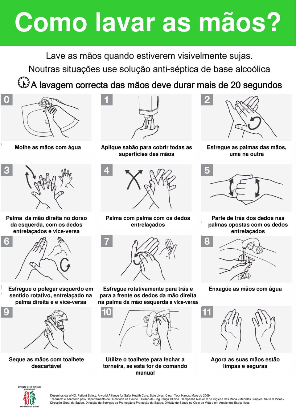 Esfregue as palmas das mãos, uma na outra Palma da mão direita no dorso da esquerda, com os dedos entrelaçados e vice-versa Palma com palma com os dedos entrelaçados Parte de trás dos dedos nas