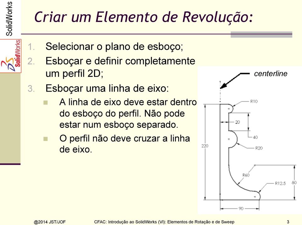 Esboçar uma linha de eixo: n A linha de eixo deve estar dentro do esboço do perfil.