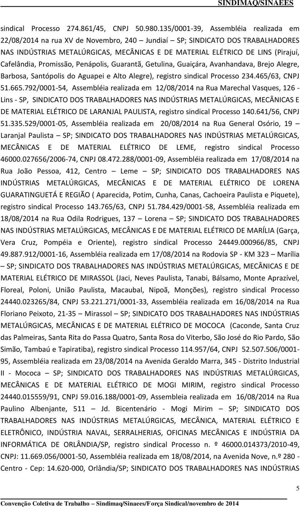 Cafelândia, Promissão, Penápolis, Guarantã, Getulina, Guaiçára, Avanhandava, Brejo Alegre, Barbosa, Santópolis do Aguapei e Alto Alegre), registro sindical Processo 234.465/63, CNPJ 51.665.