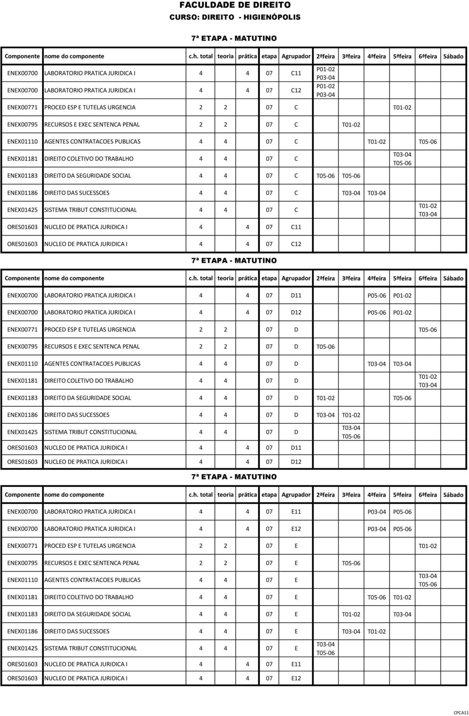 ENEX01186 DIREITO DAS SUCESSOES 4 4 07 C ENEX01425 SISTEMA TRIBUT CONSTITUCIONAL 4 4 07 C ORES01603 NUCLEO DE PRATICA JURIDICA I 4 4 07 C11 ORES01603 NUCLEO DE PRATICA JURIDICA I 4 4 07 C12 7ª ETAPA